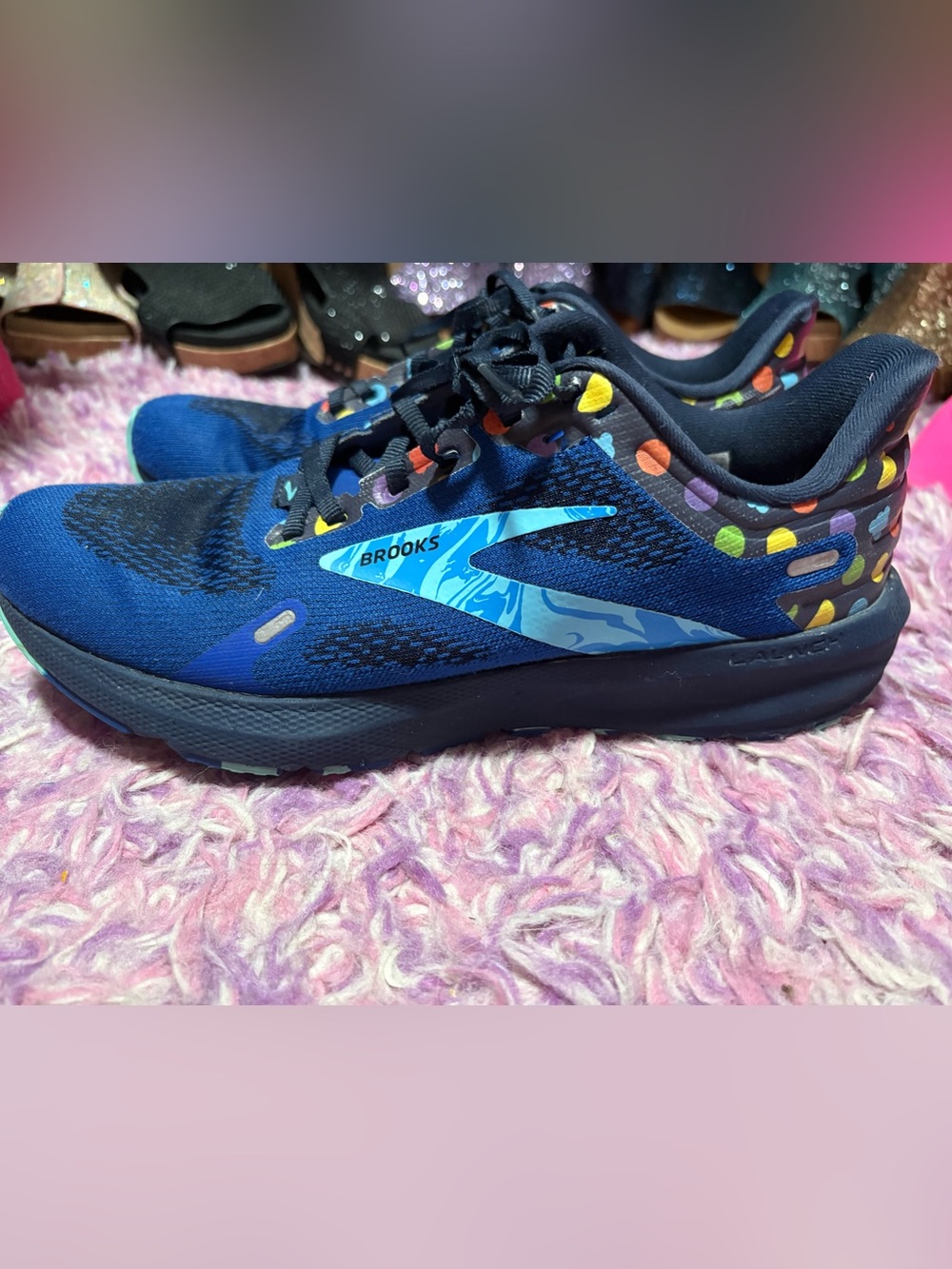 Brooks Navy Running Shoe with Multicolor Polka Accents SZ 9.5